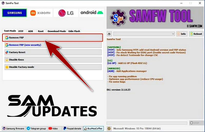 In the SamFw Tool, select the Remove FRP button at the top of the screen